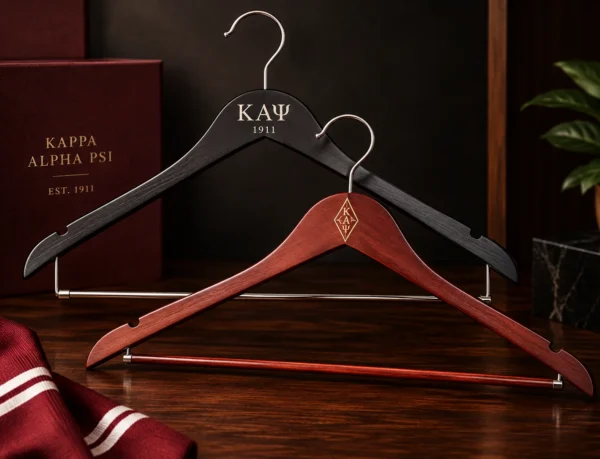 Kappa Alpha Psi 1911 engraved black and mahogany wood custom hanger set
