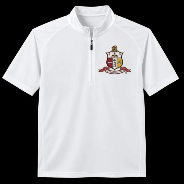 White quarter-zip athletic top with embroidered coat of arms on the left chest