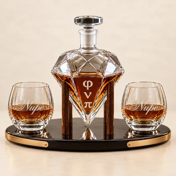 Kappa Alpha Psi etched crystal whiskey decanter set with glasses and stand