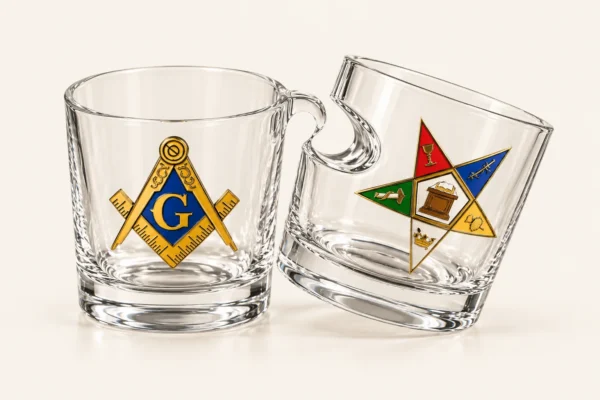 Masonic and Eastern Star etched whiskey glass set