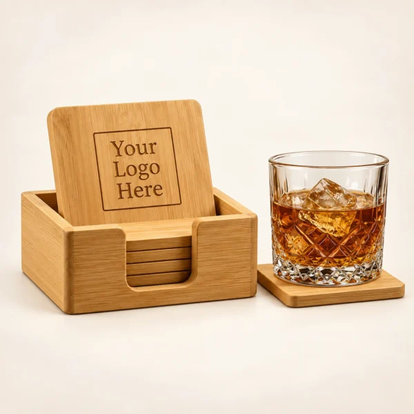 Personalized bamboo square coaster set with whiskey glass