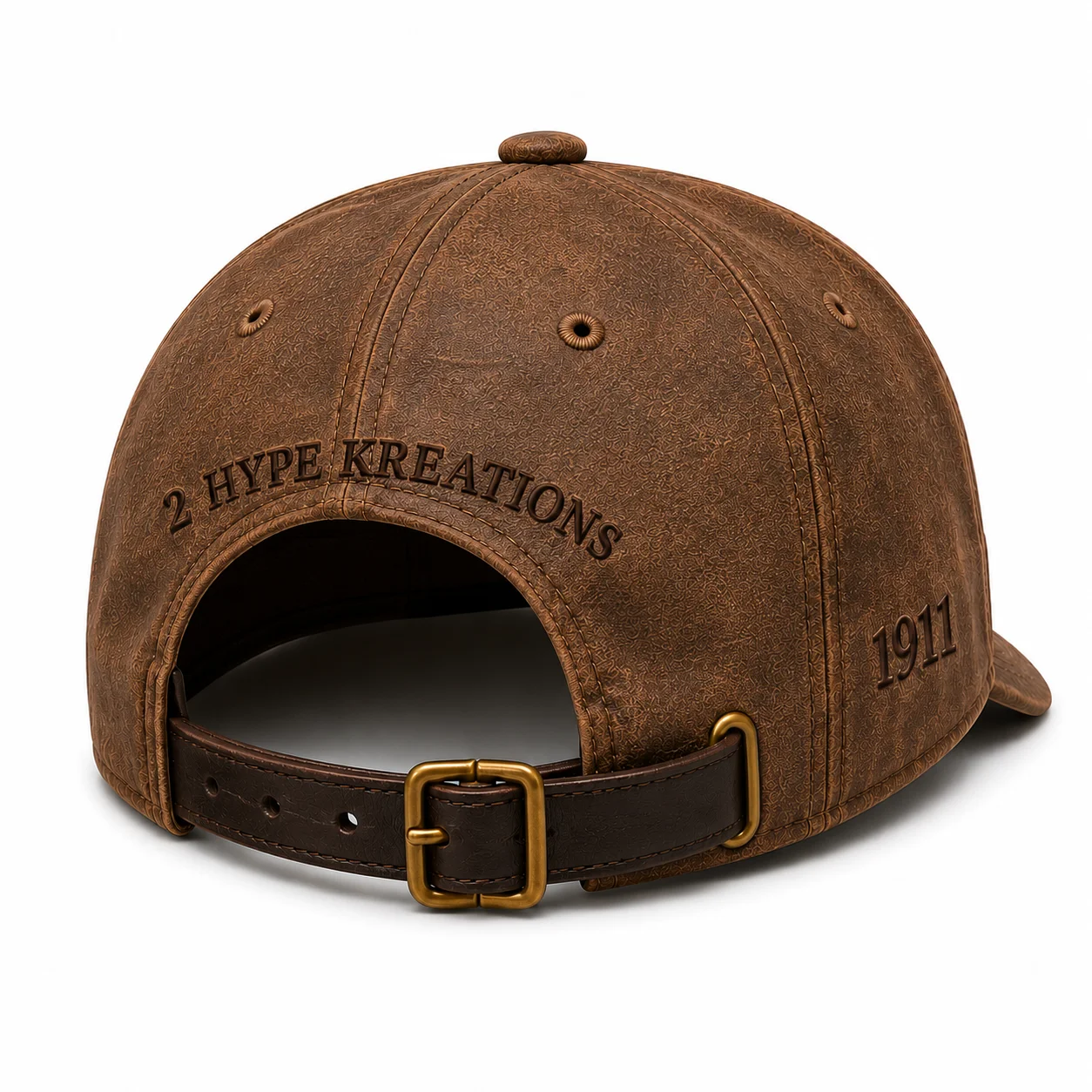 Earned brown structured cap rear view with brass buckle