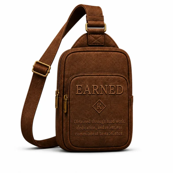 Earned brown leather crossbody bag with adjustable shoulder strap