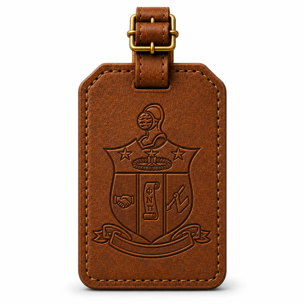Earned natural leather luggage tag embossed shield back view