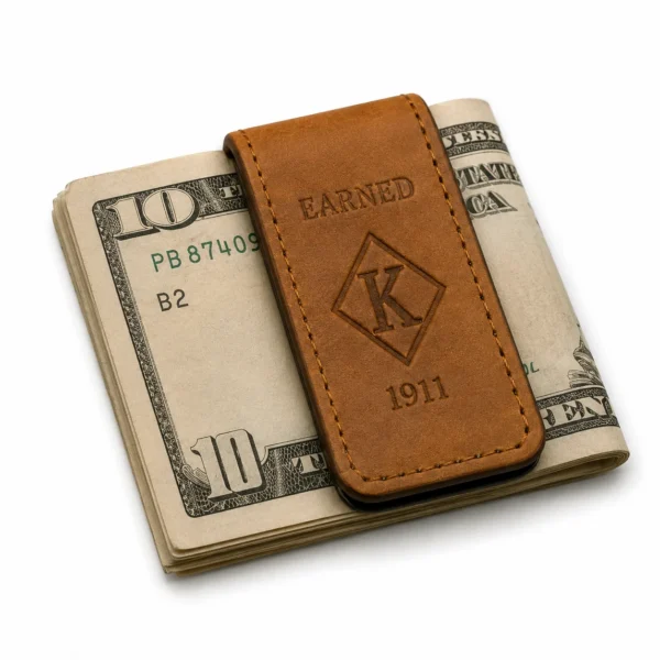 Earned natural leather money clip holding folded currency