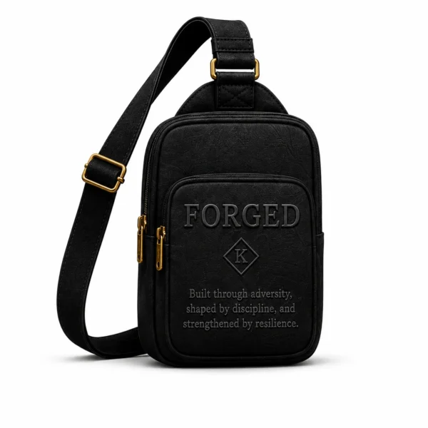 Forged black leather crossbody bag with gold-tone hardware