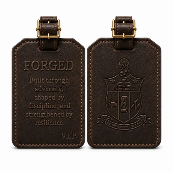 Forged brown leather luggage tag front and back views side by side